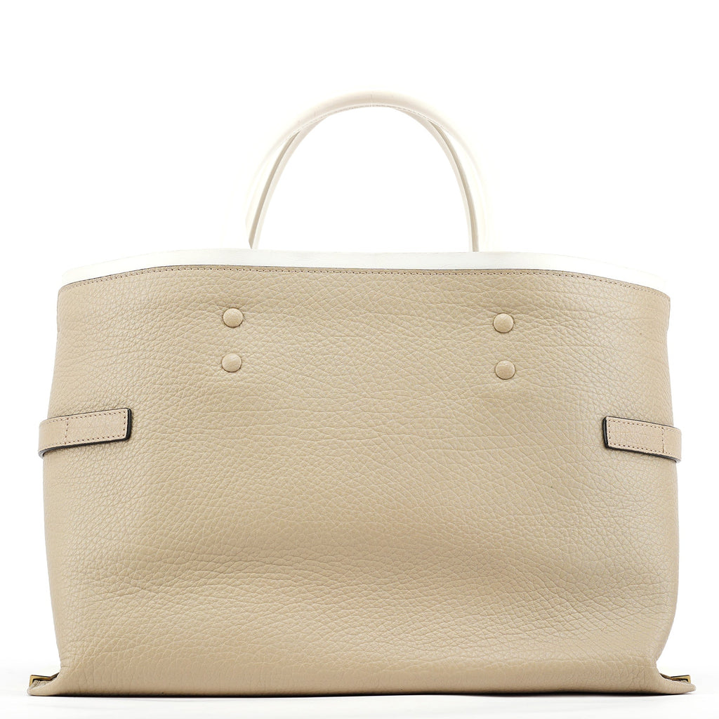 Beige White Leather Turnlock Tote Bag
