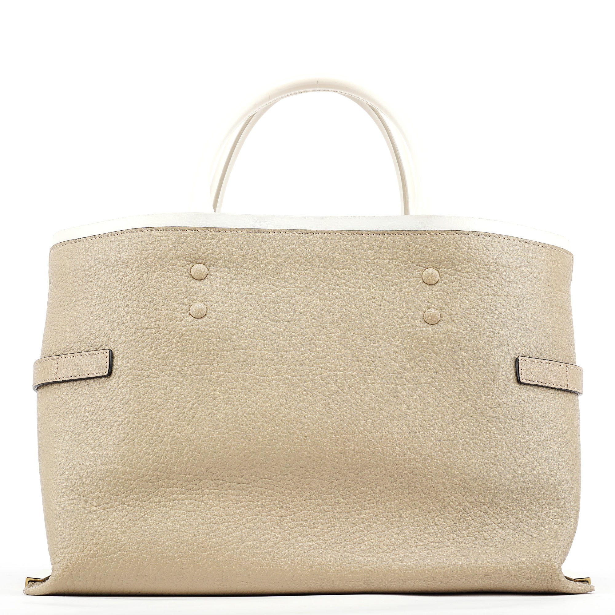 Beige White Leather Turnlock Tote Bag