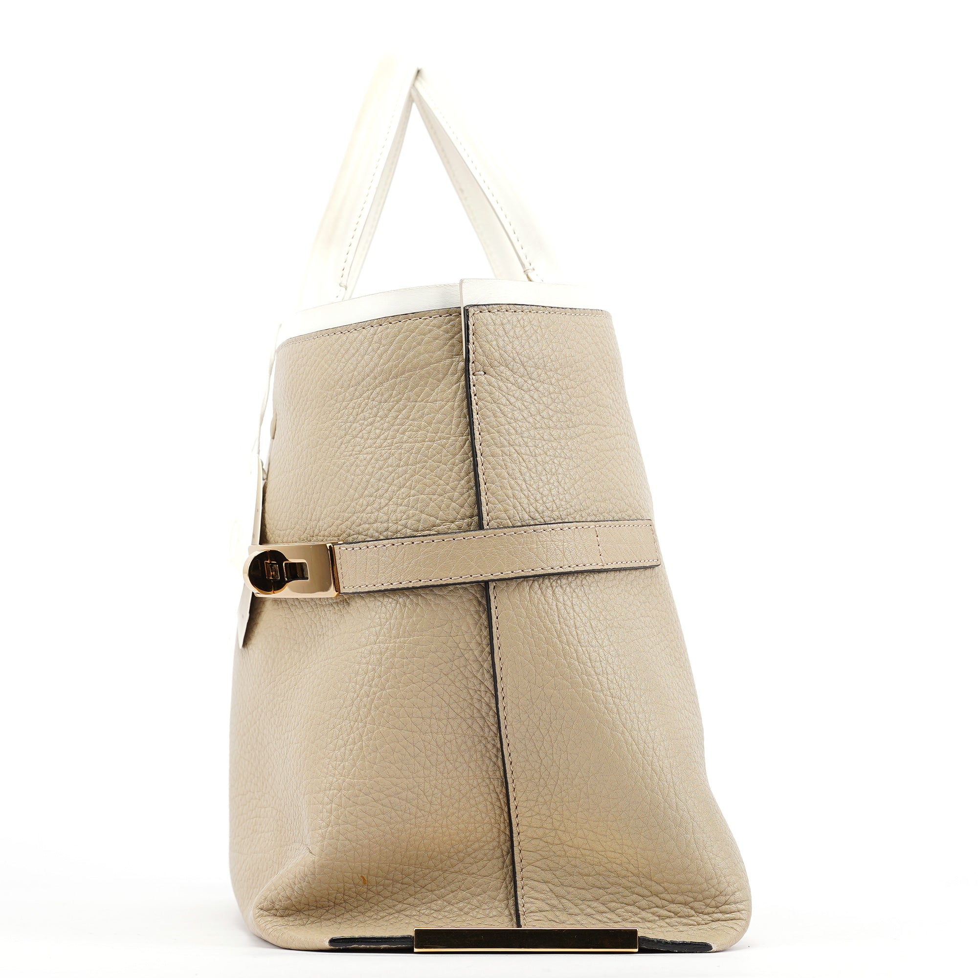 Beige White Leather Turnlock Tote Bag