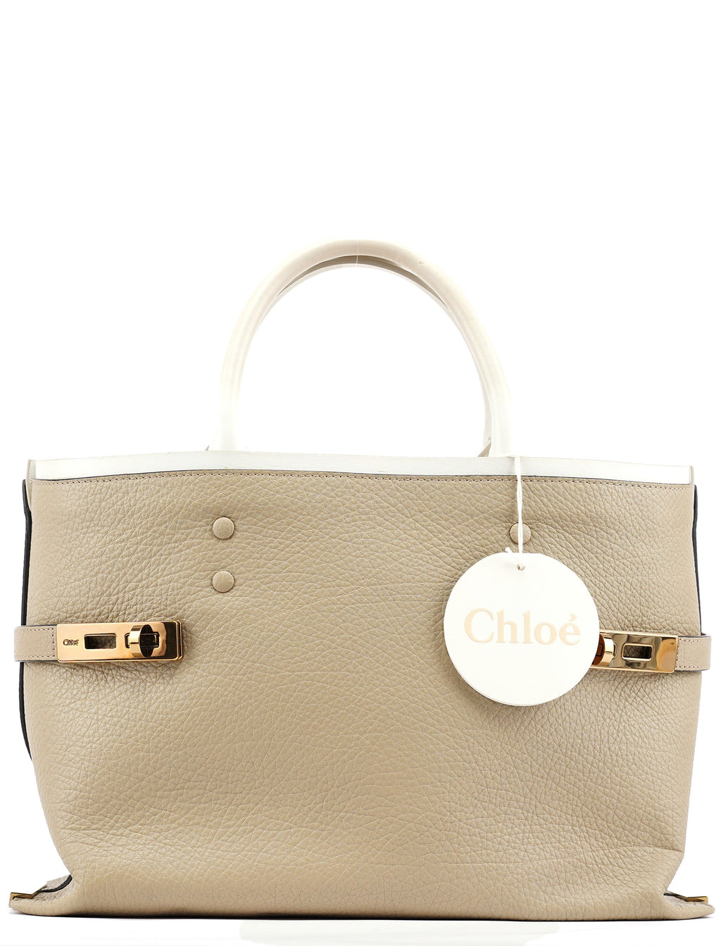 Beige White Leather Turnlock Tote Bag