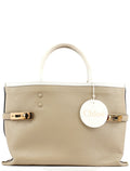 Beige White Leather Turnlock Tote Bag