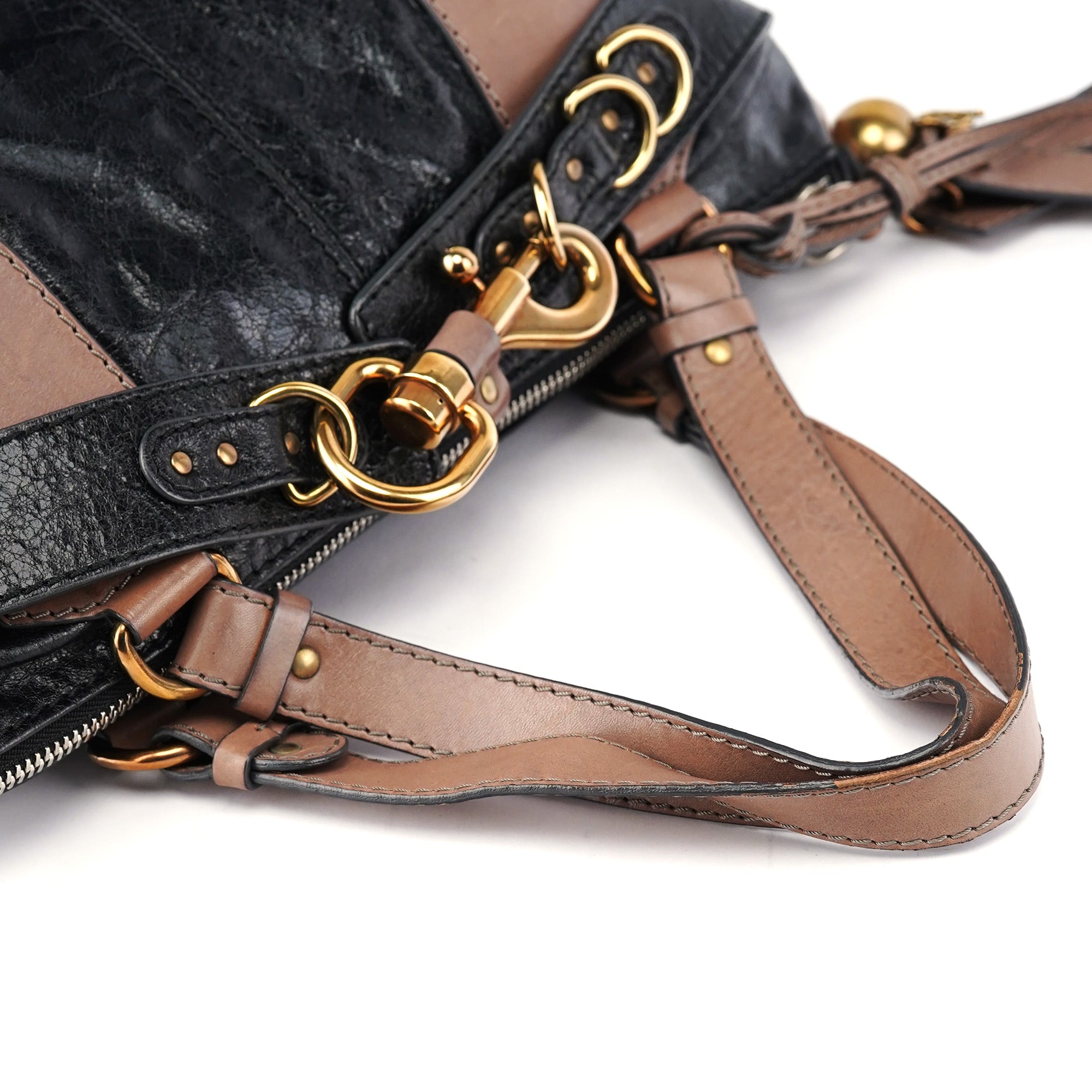 Black Beige Leather Kerala Tote Bag