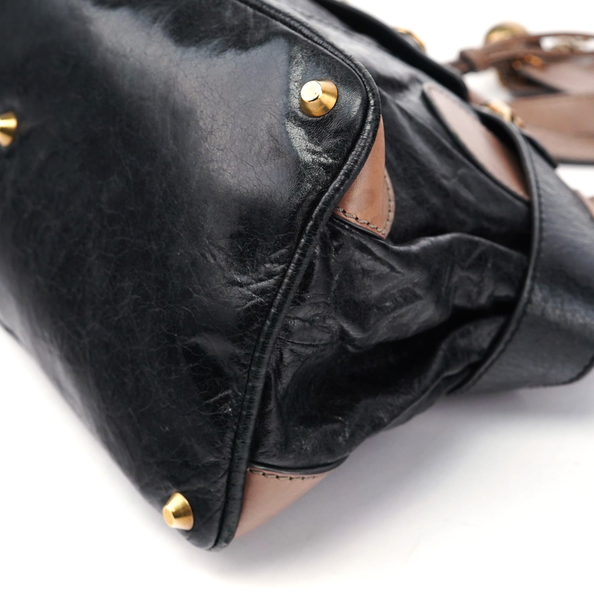 Black Beige Leather Kerala Tote Bag