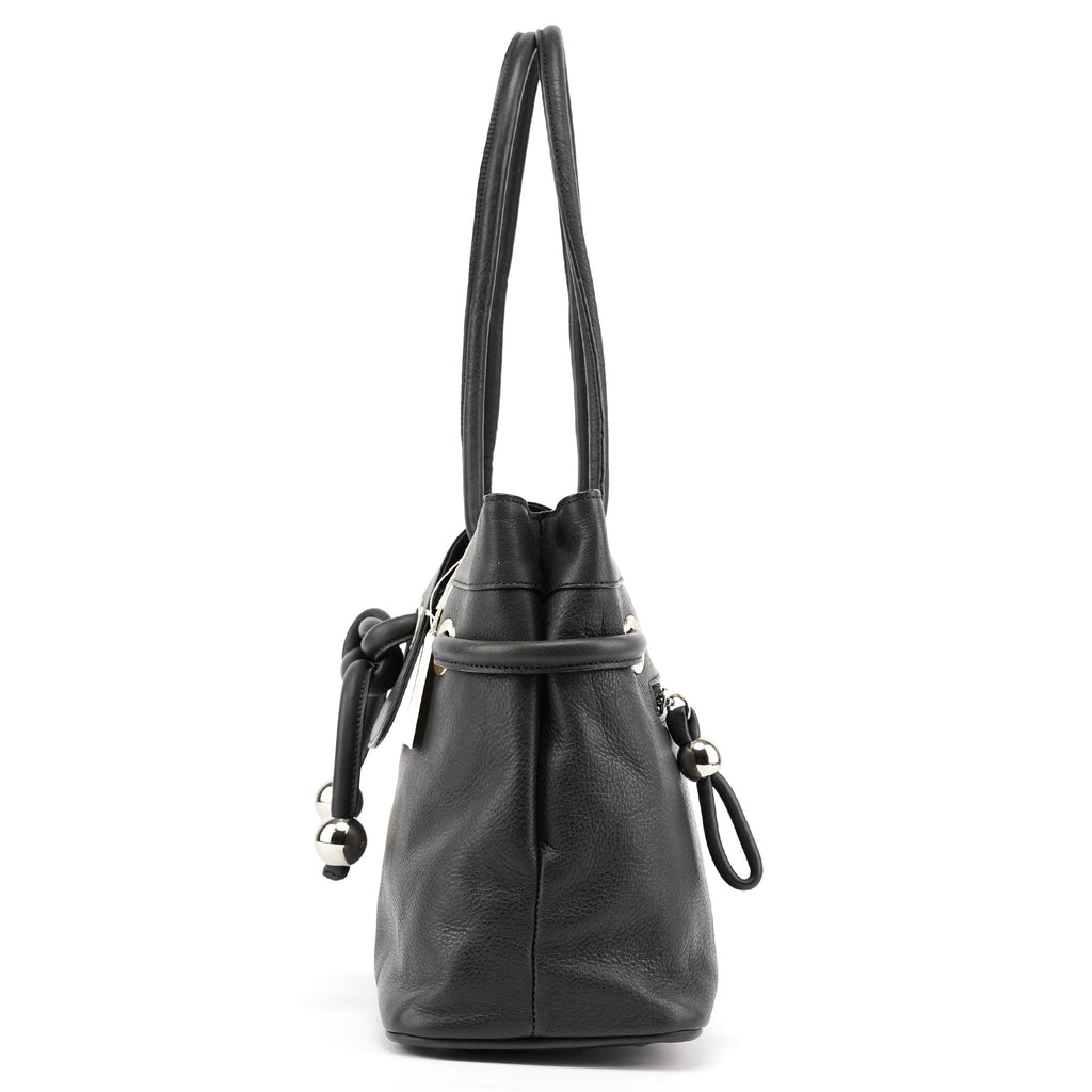 Black Calfskin Drawstring Tote Bag