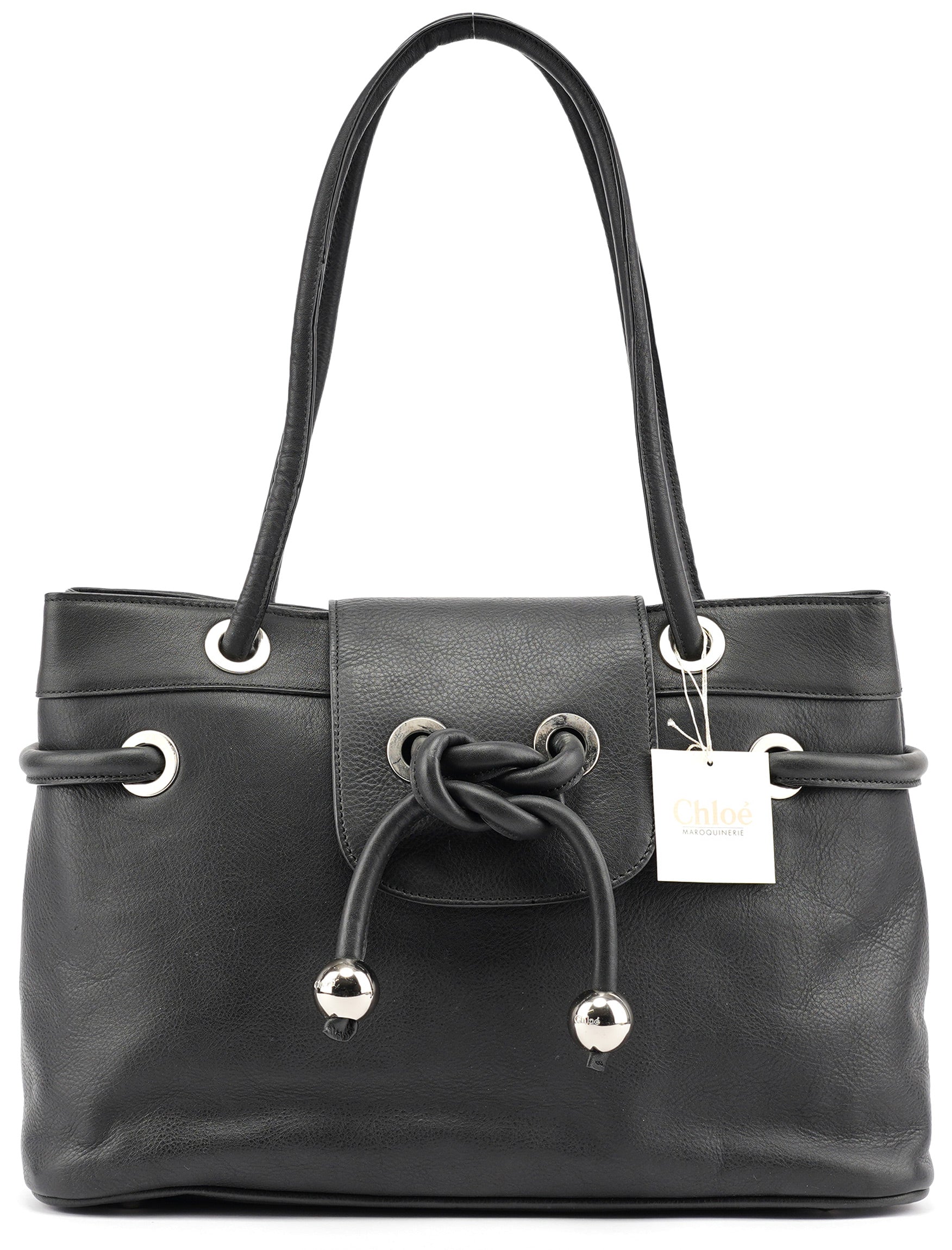 Black Calfskin Drawstring Tote Bag