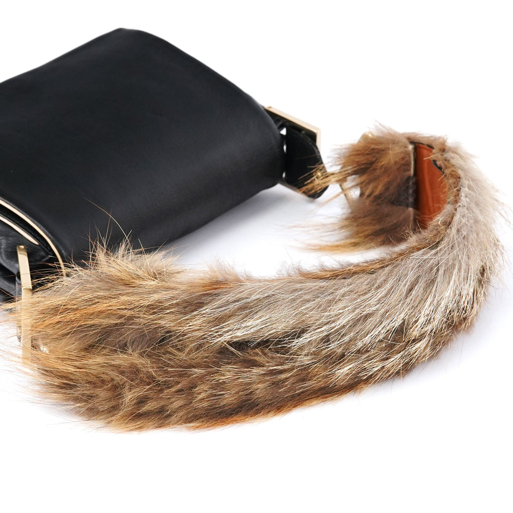 Black Calfskin Fur Python Handle Shoulder Bag