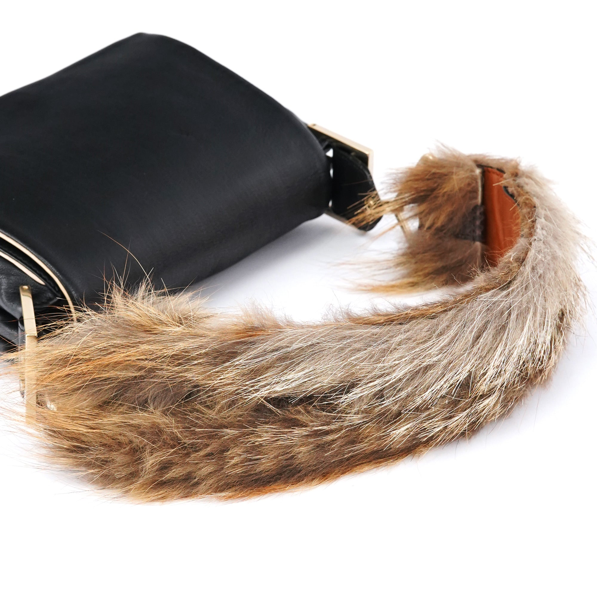 Black Calfskin Fur Python Handle Shoulder Bag