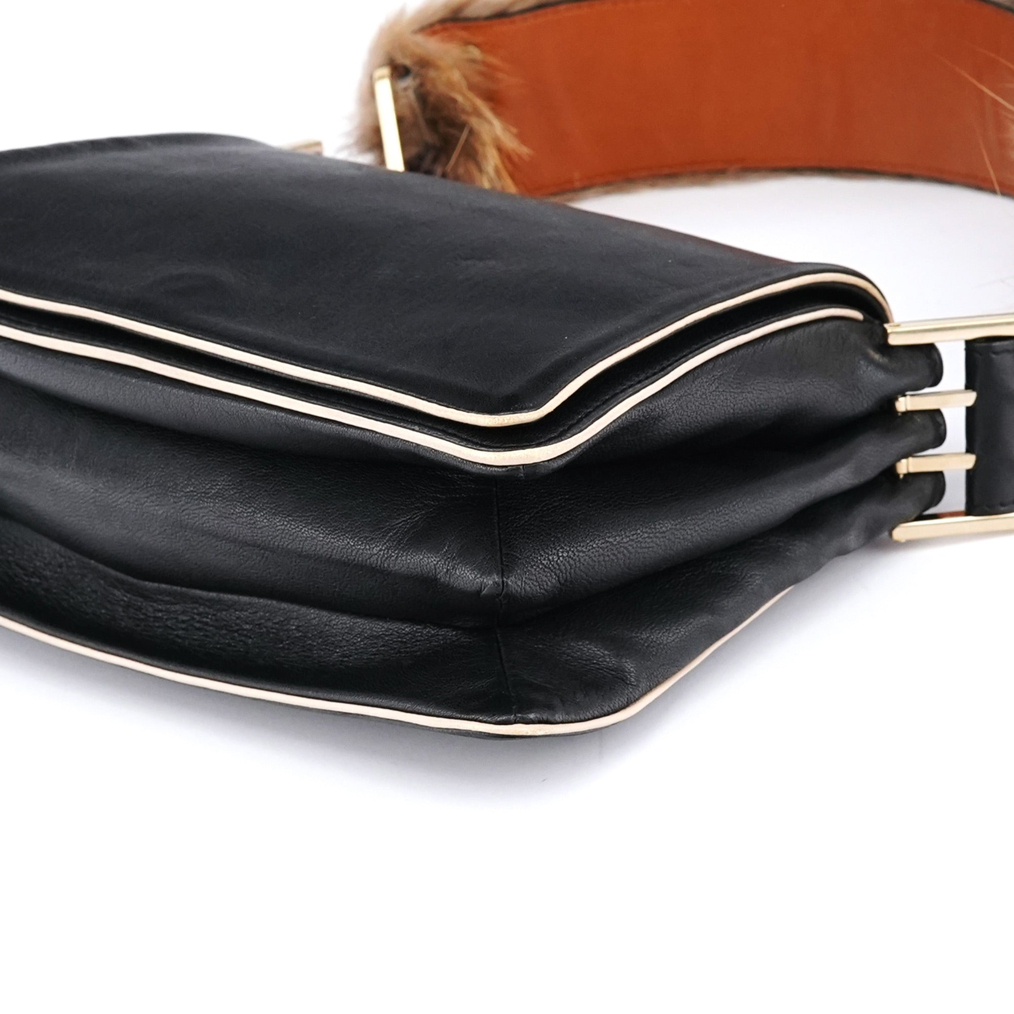 Black Calfskin Fur Python Handle Shoulder Bag