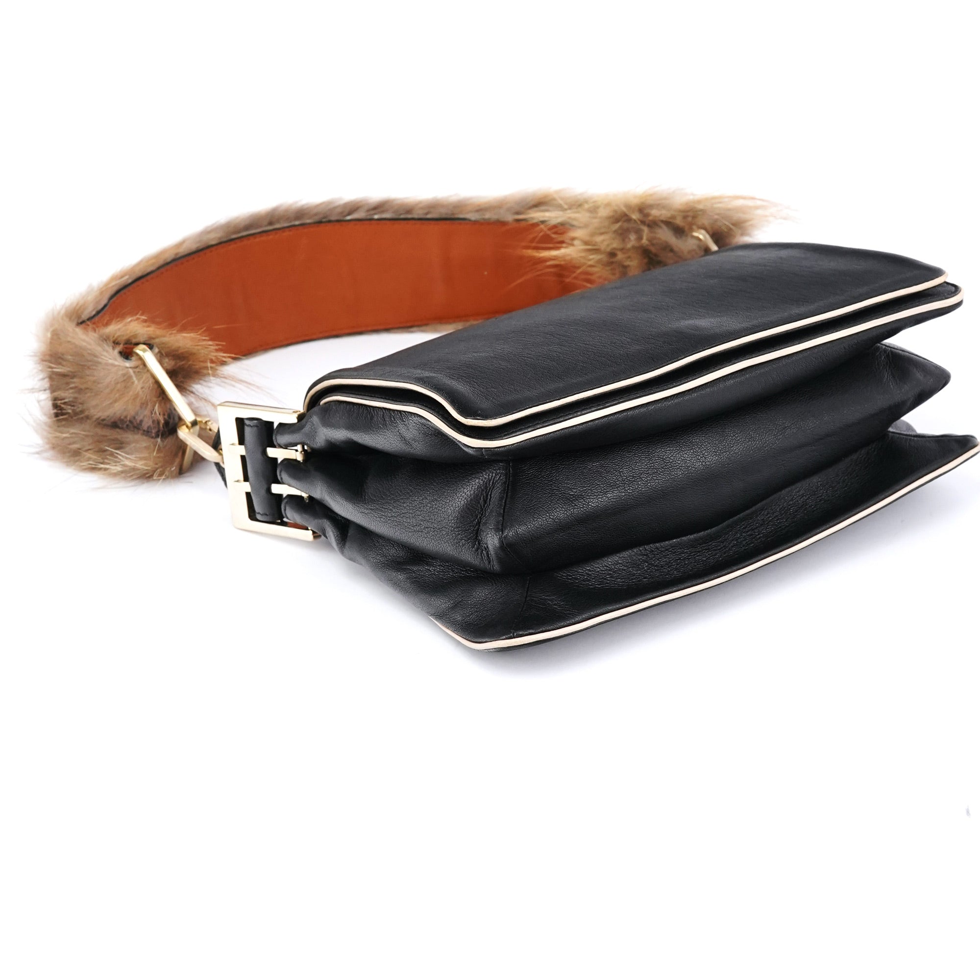Black Calfskin Fur Python Handle Shoulder Bag