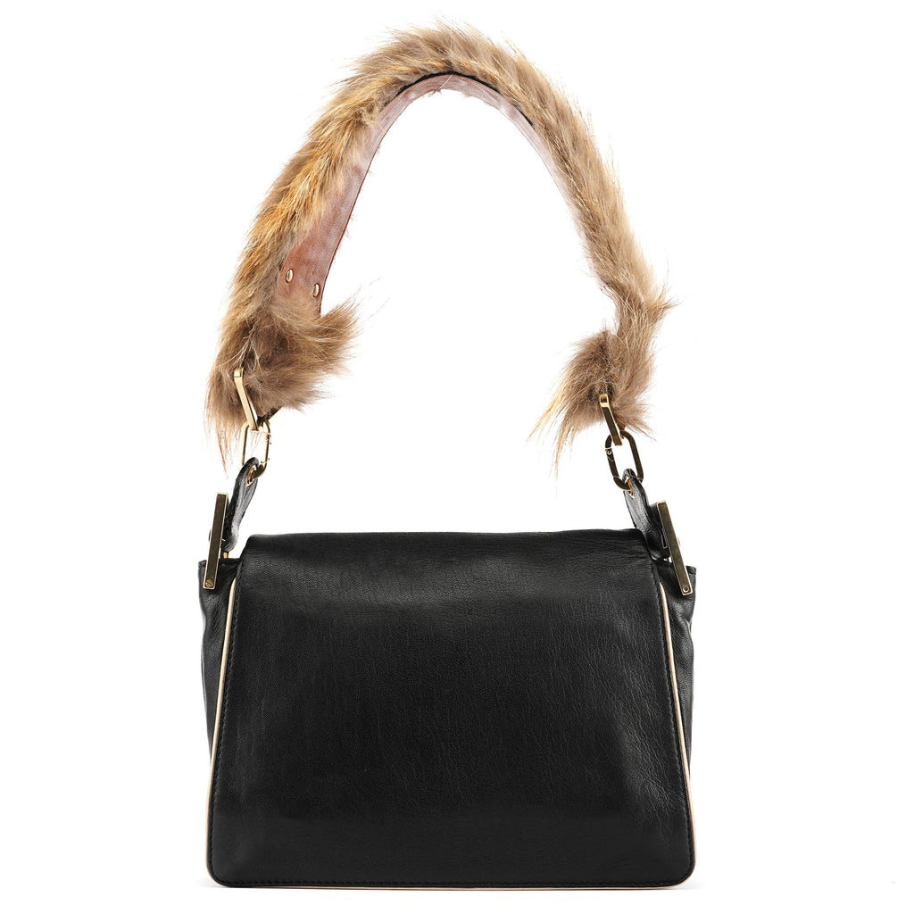 Black Calfskin Fur Python Handle Shoulder Bag