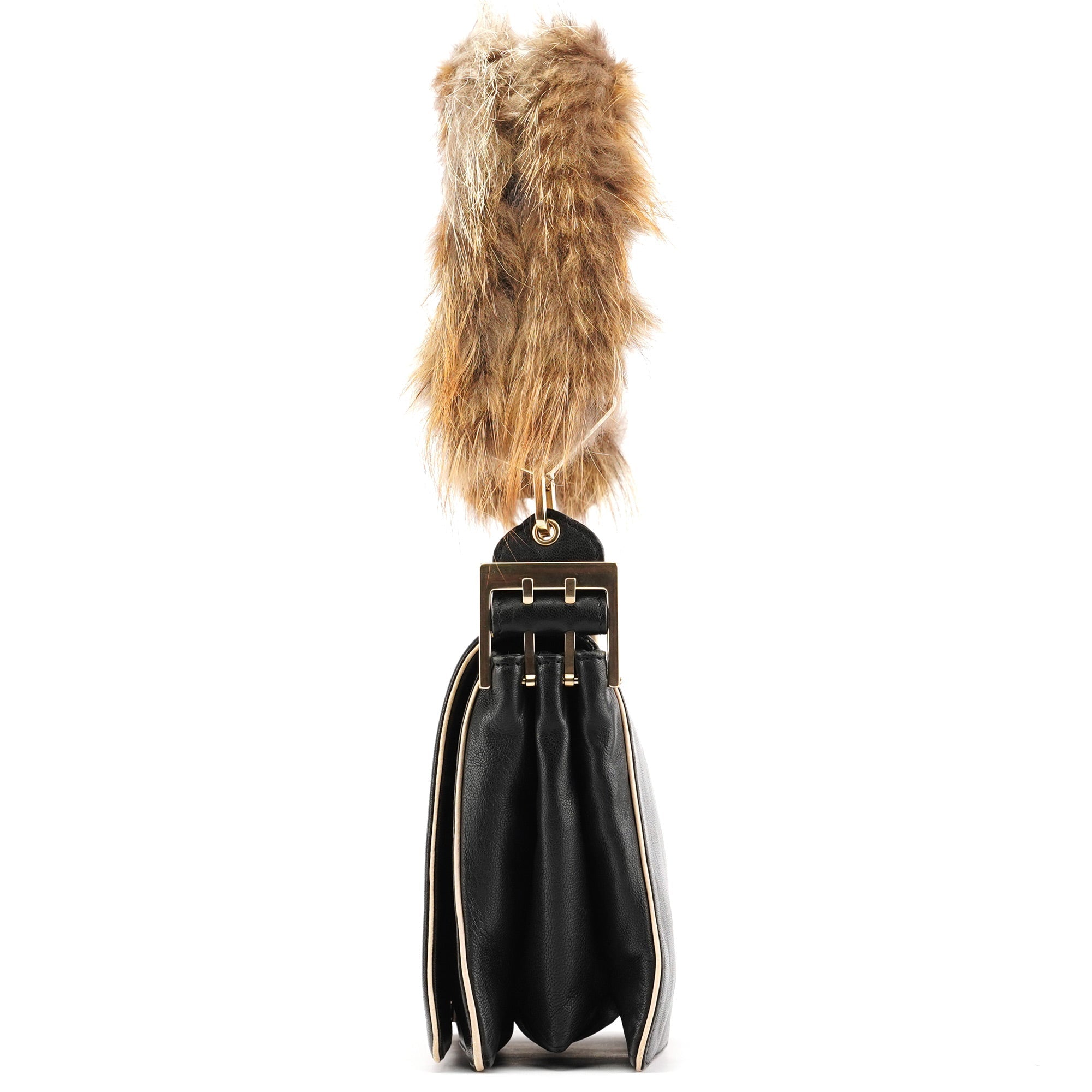 Black Calfskin Fur Python Handle Shoulder Bag