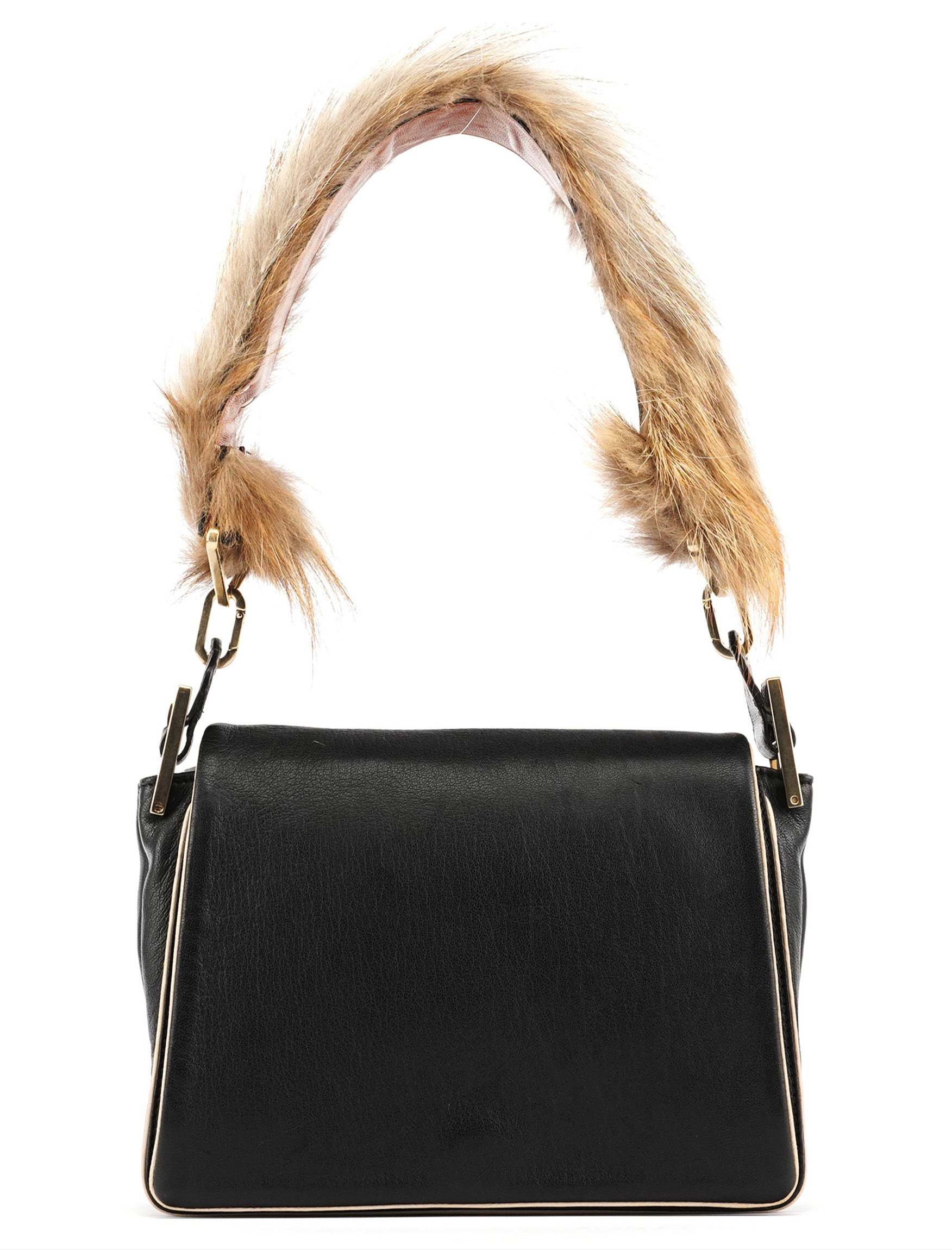 Black Calfskin Fur Python Handle Shoulder Bag