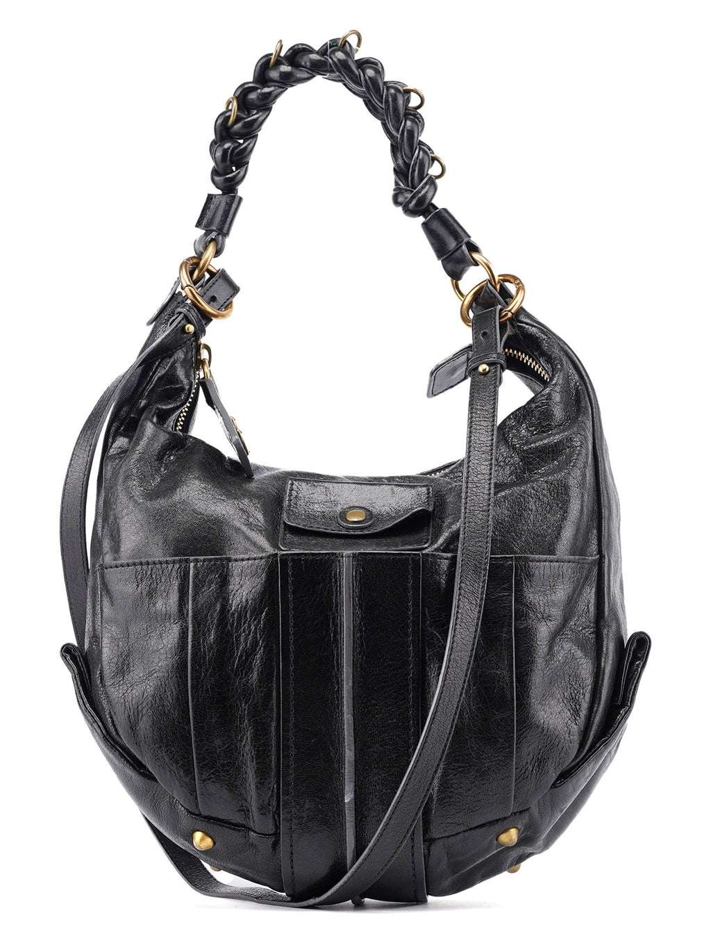 Black Lambskin Knot Handle Hobo Shoulder Bag