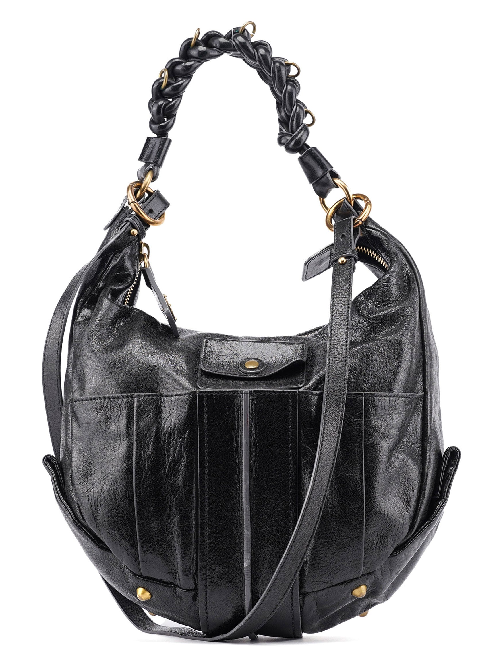 Black Lambskin Knot Handle Hobo Shoulder Bag