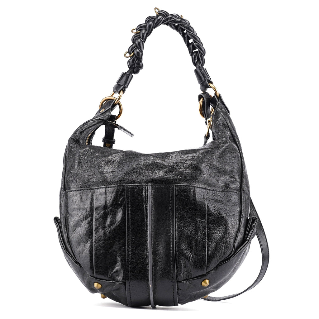 Black Lambskin Knot Handle Hobo Shoulder Bag