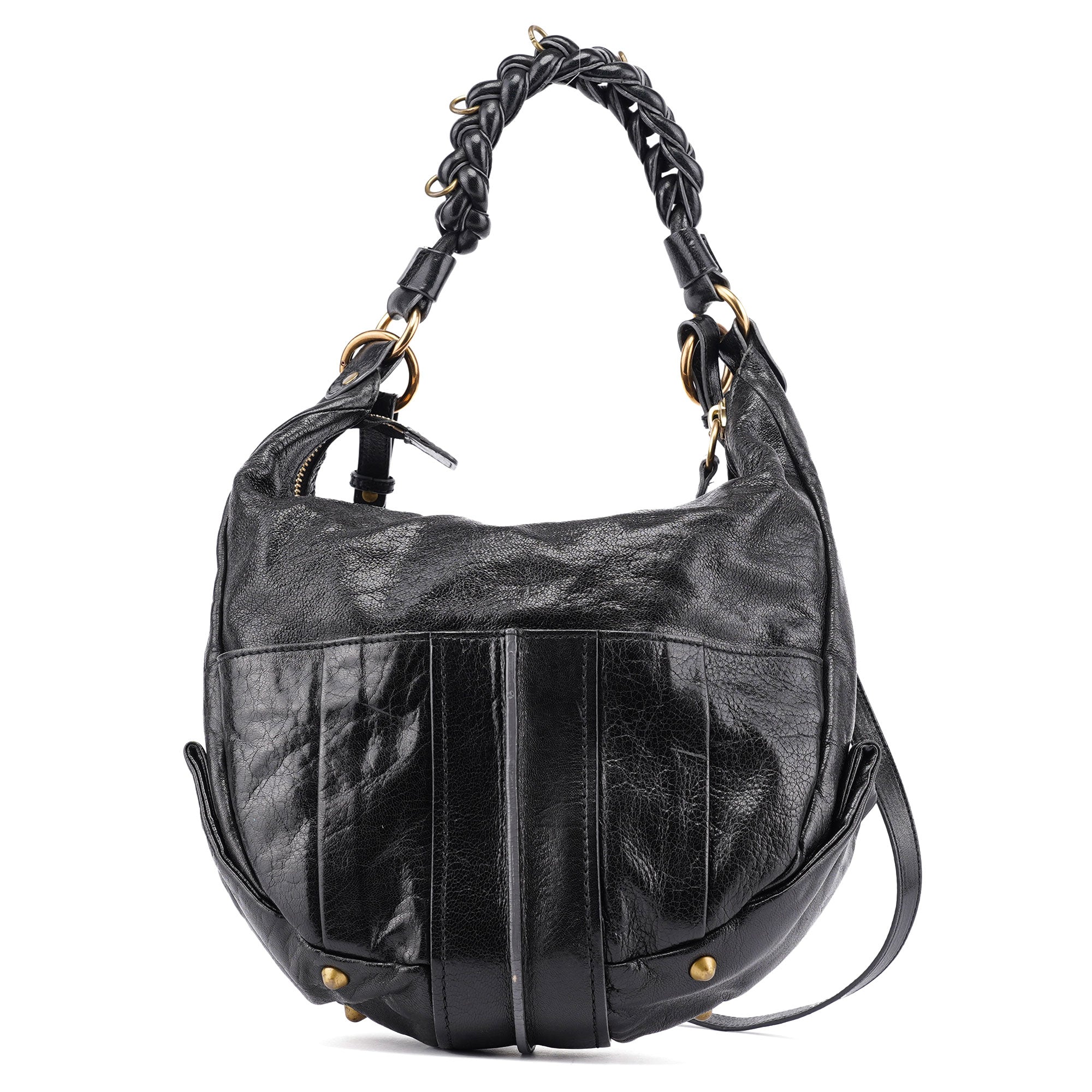Black Lambskin Knot Handle Hobo Shoulder Bag