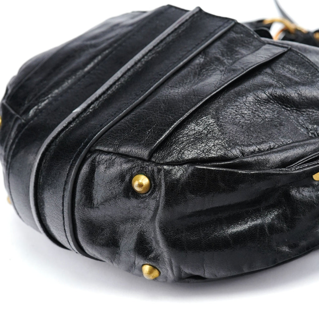 Black Lambskin Knot Handle Hobo Shoulder Bag