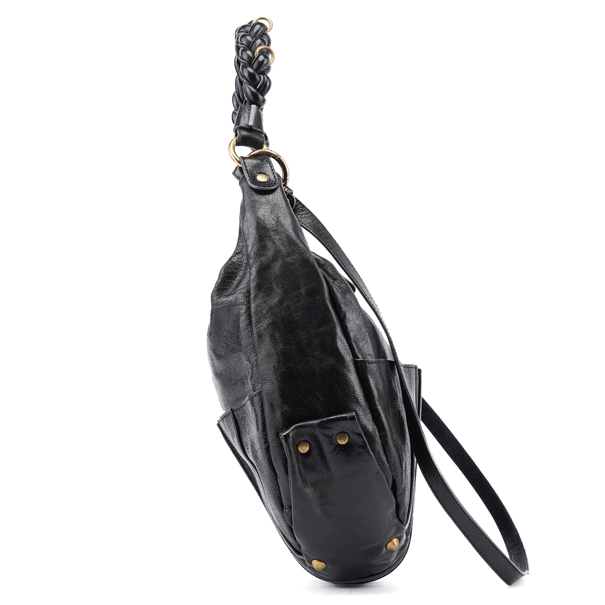 Black Lambskin Knot Handle Hobo Shoulder Bag