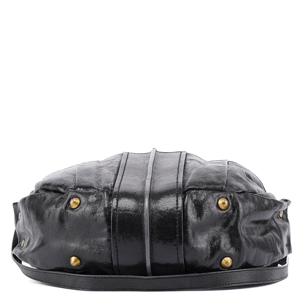 Black Lambskin Knot Handle Hobo Shoulder Bag