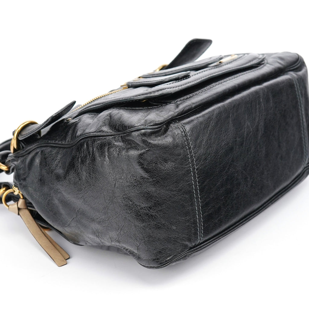 Black Lambskin Leather Bay Tote Bag