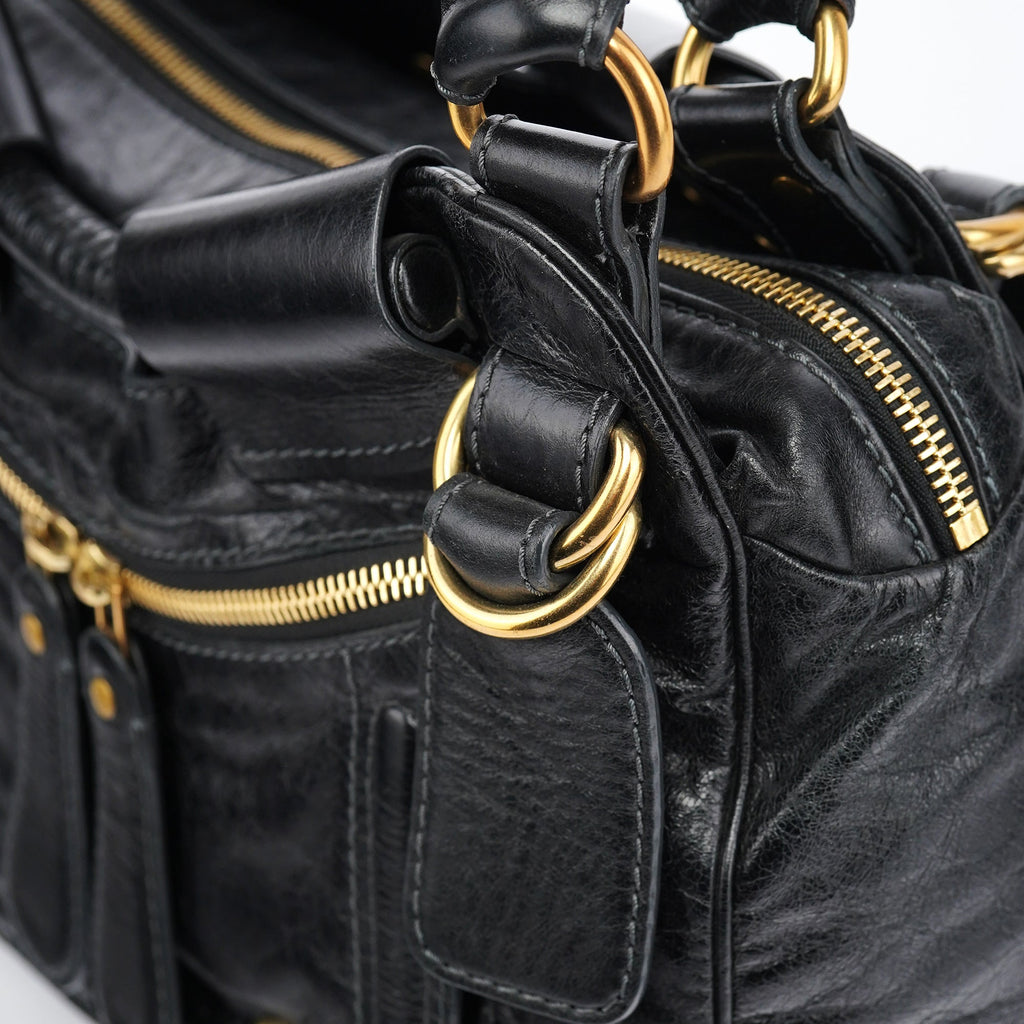 Black Lambskin Leather Bay Tote Bag