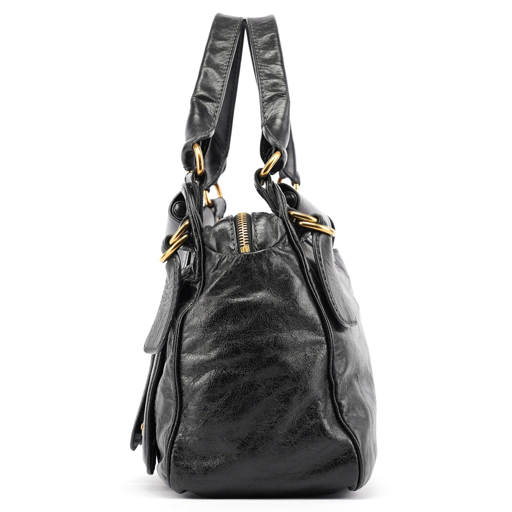 Black Lambskin Leather Bay Tote Bag