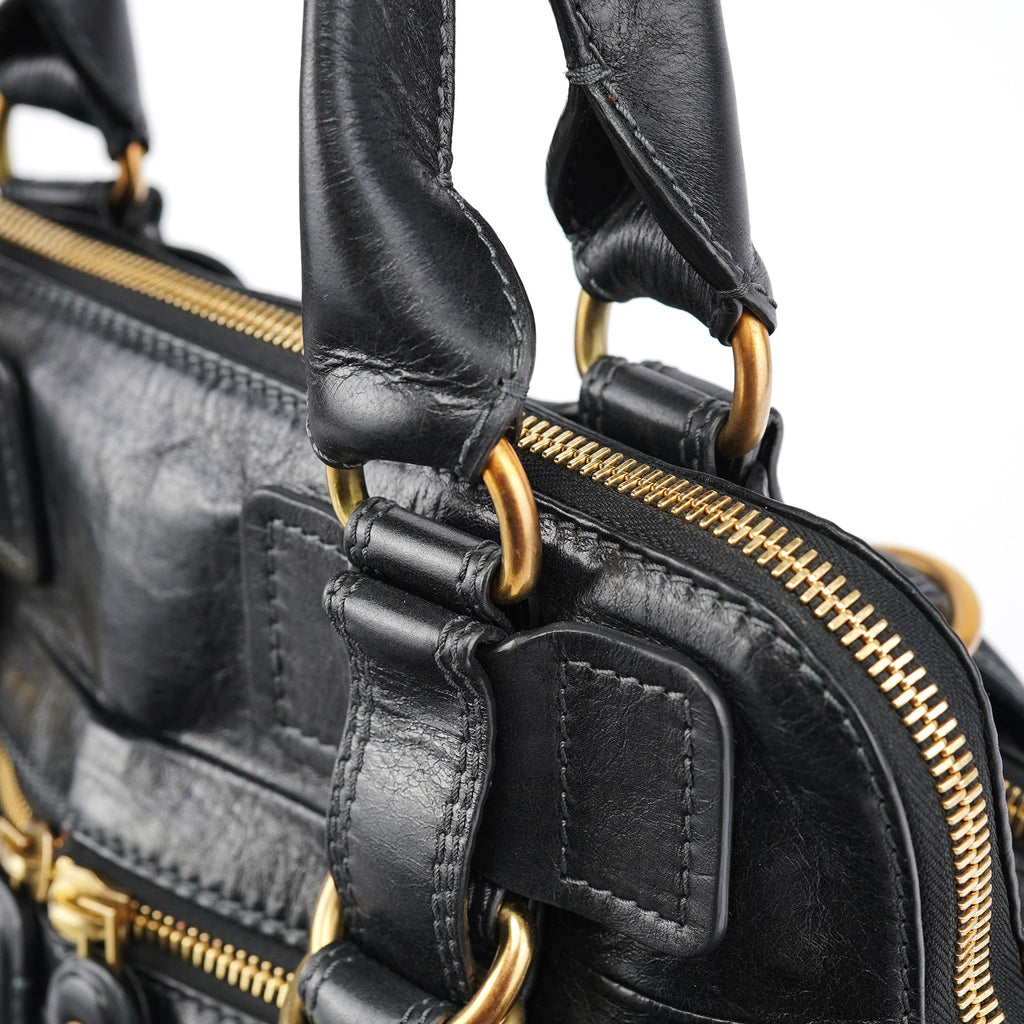 Black Leather Bay Tote Bag