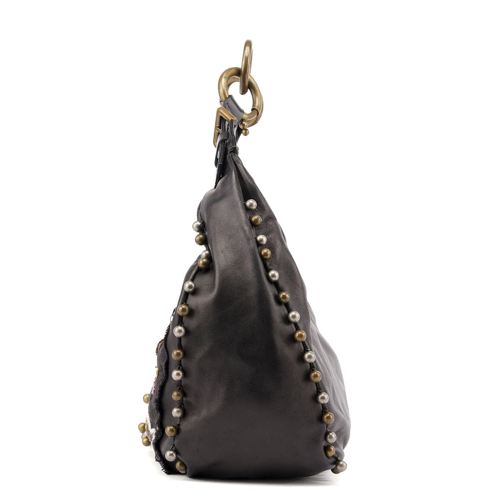 Black Leather Canvas Embellished Hobo Bag