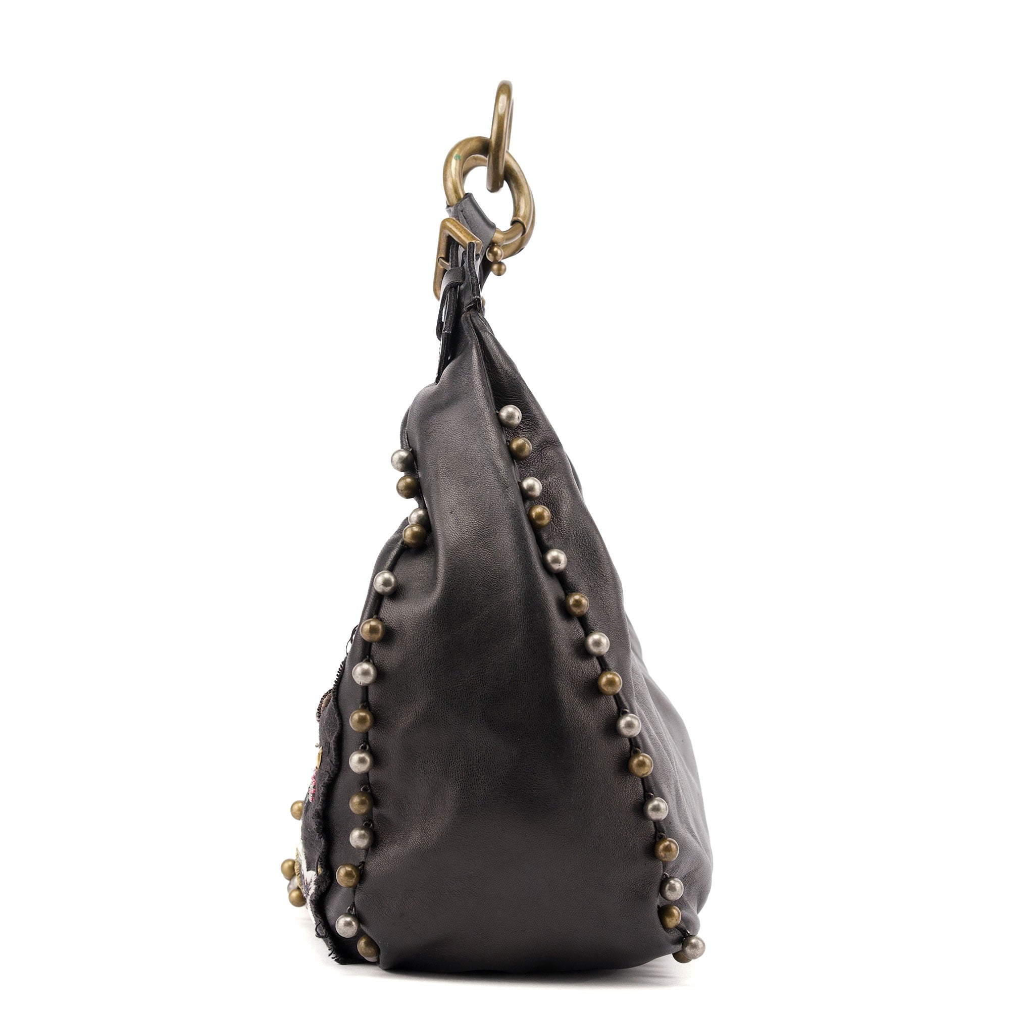 Black Leather Canvas Embellished Hobo Bag