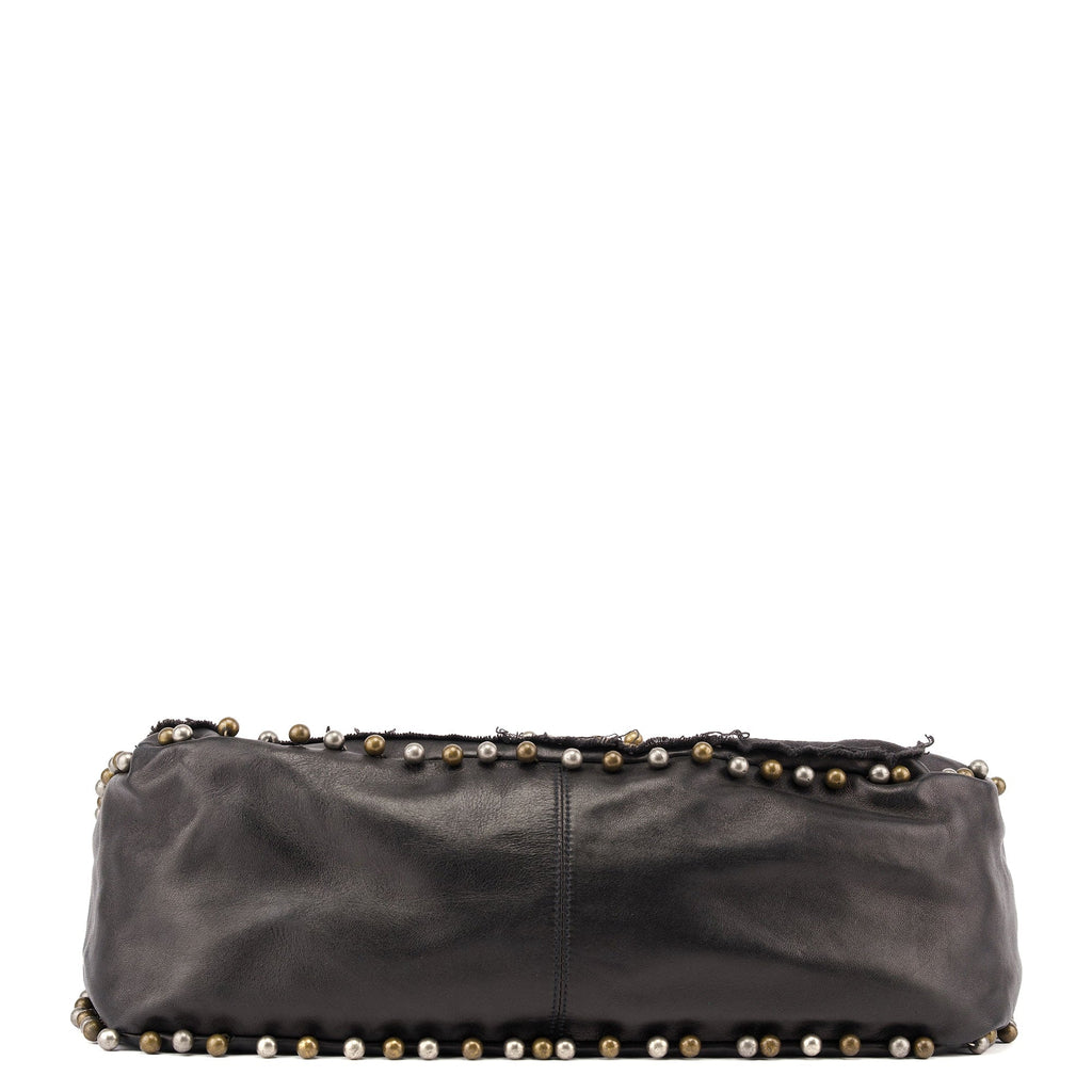 Black Leather Canvas Embellished Hobo Bag