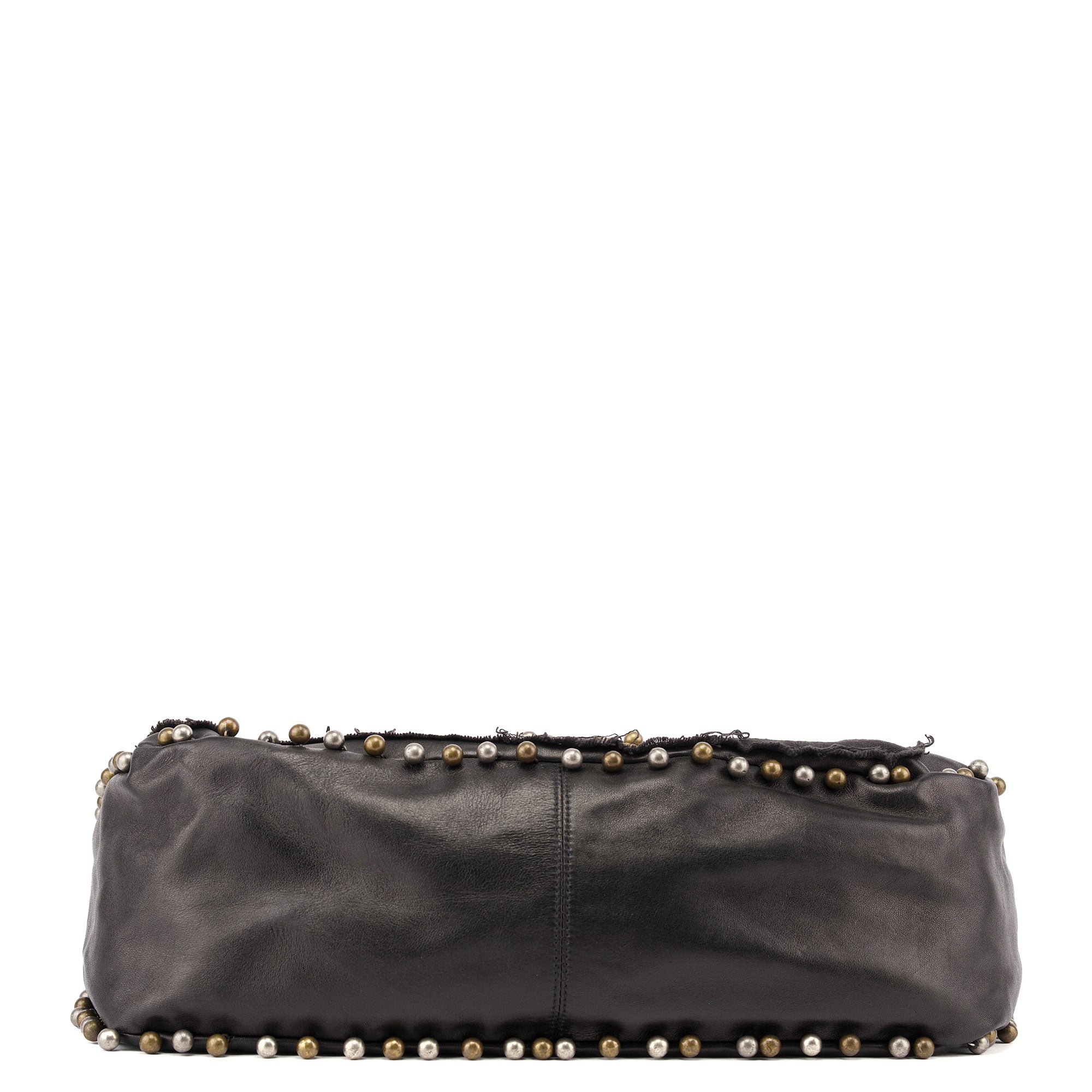 Black Leather Canvas Embellished Hobo Bag