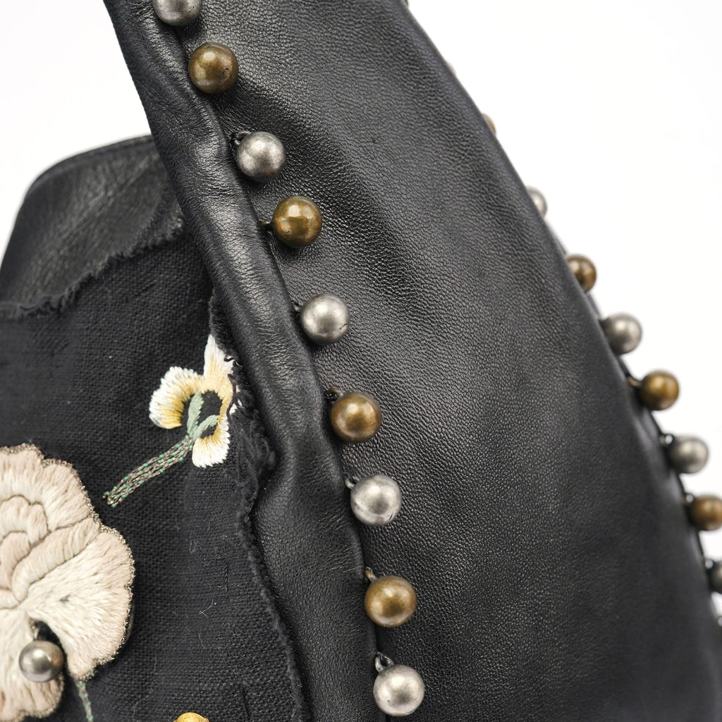 Black Leather Canvas Embellished Hobo Bag