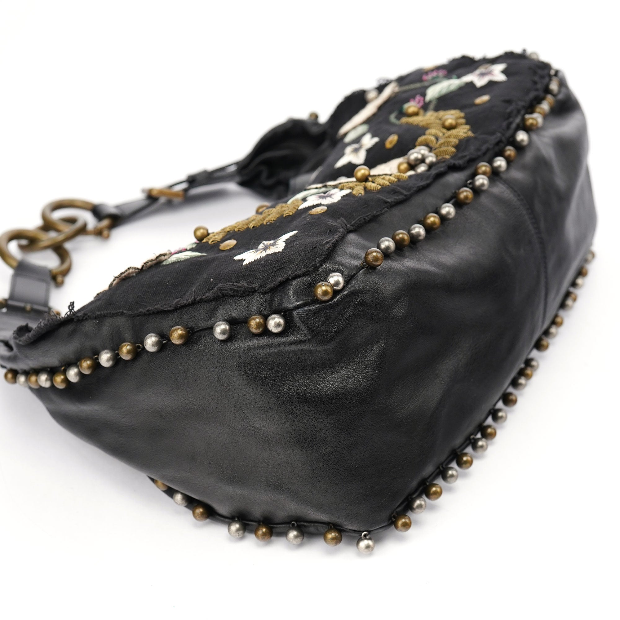 Black Leather Canvas Embellished Hobo Bag