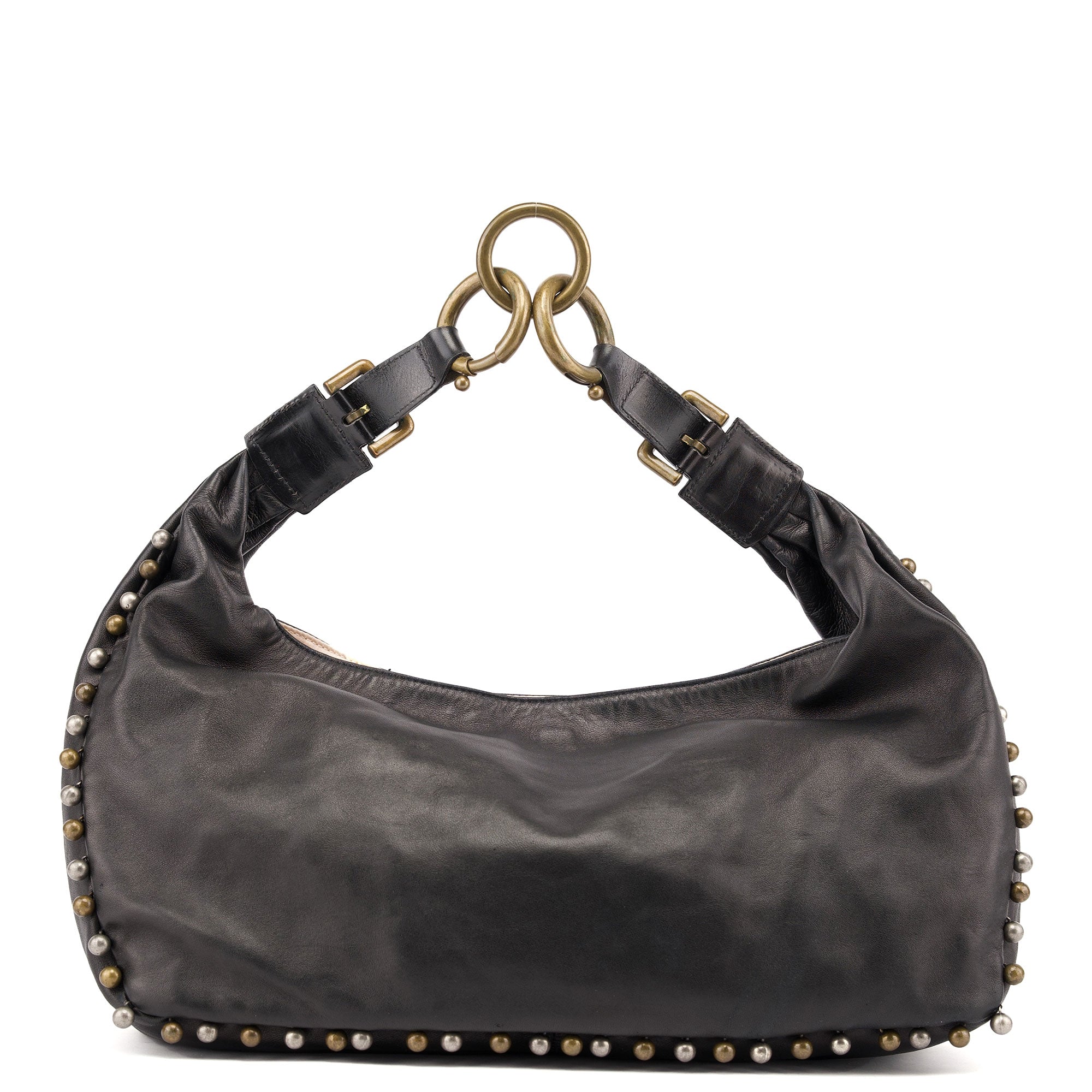 Black Leather Canvas Embellished Hobo Bag