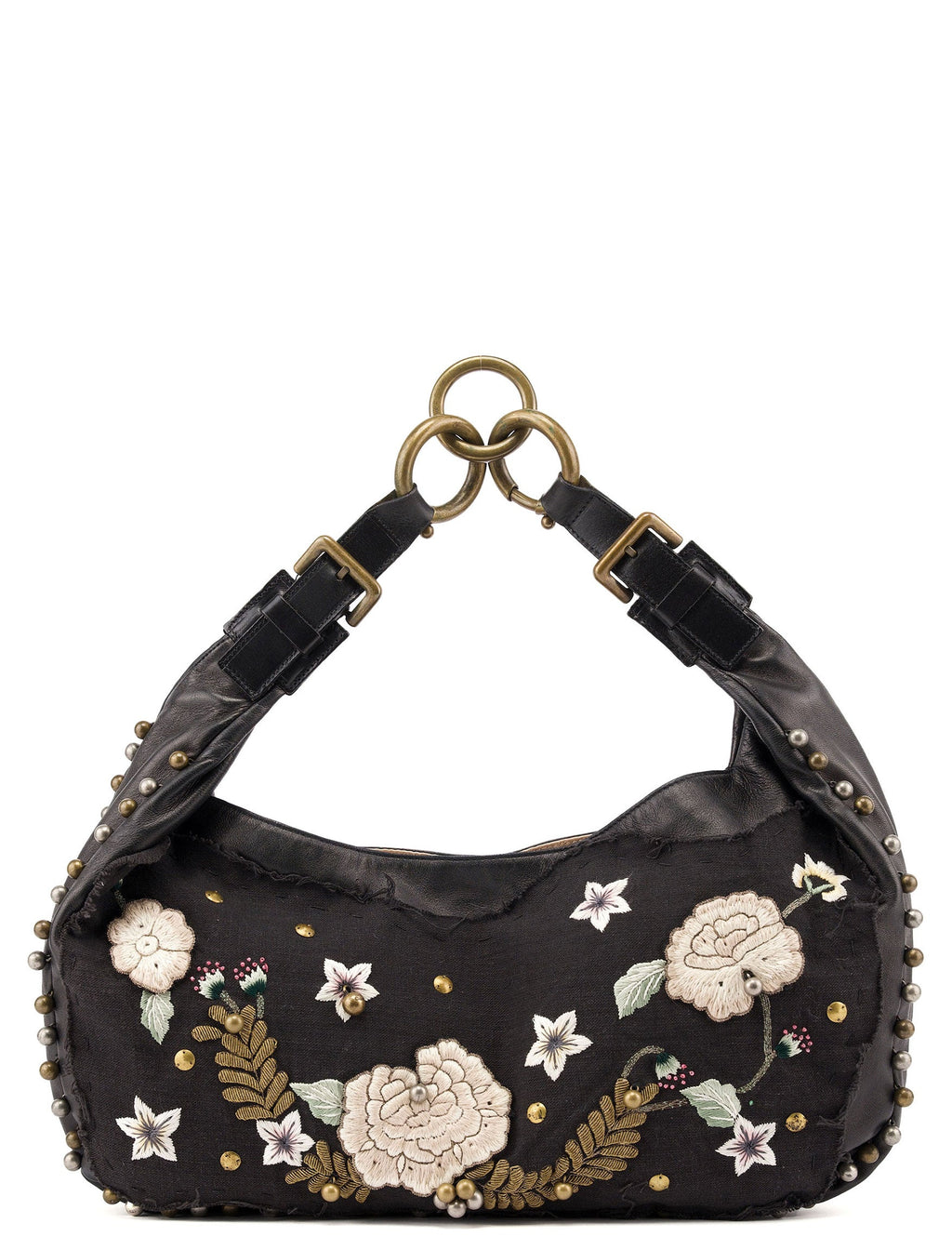 Black Leather Canvas Embellished Hobo Bag