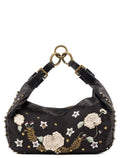 Black Leather Canvas Embellished Hobo Bag