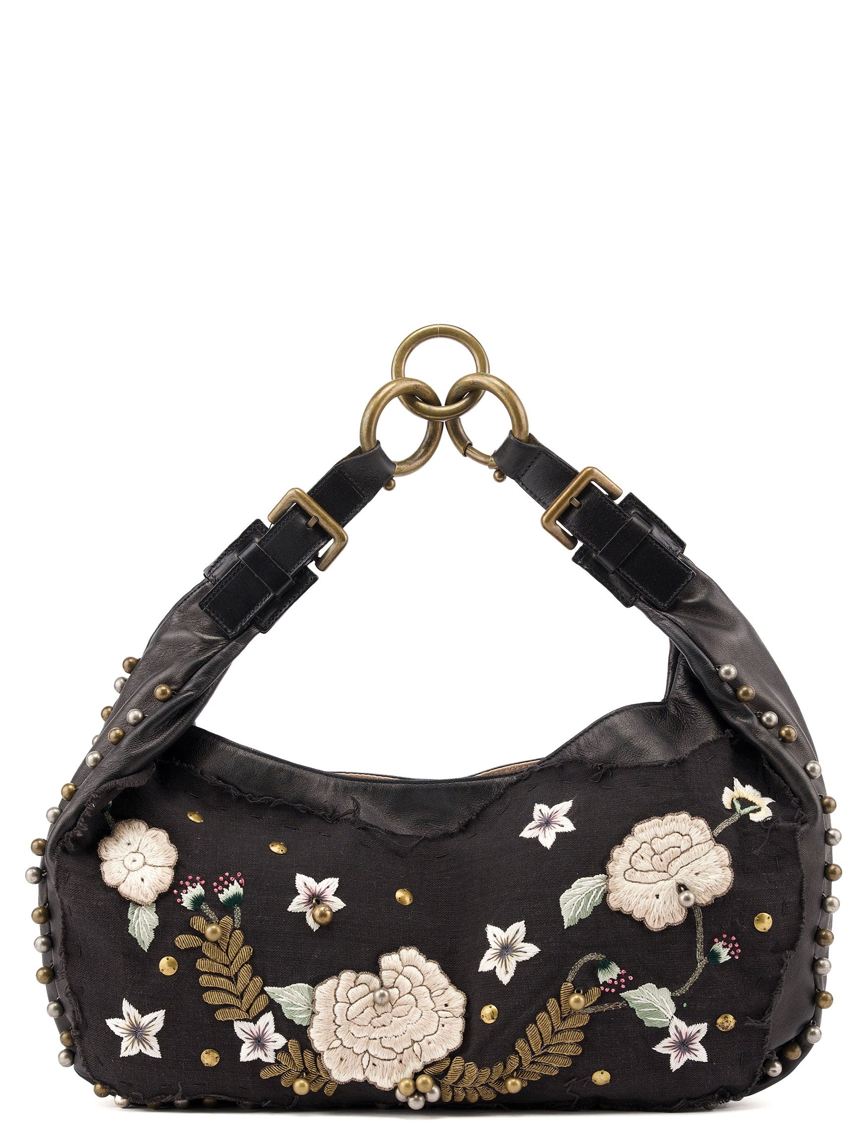 Black Leather Canvas Embellished Hobo Bag