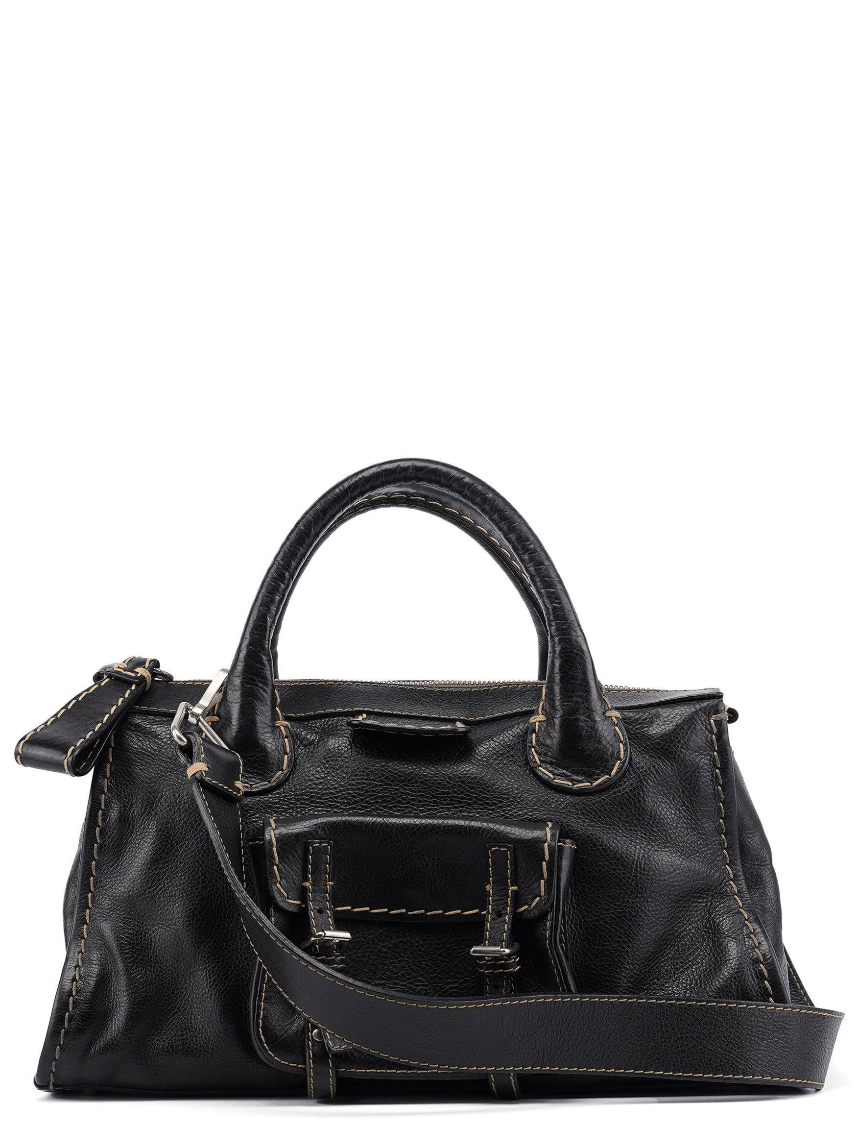 Black Leather Edith 2-Way Tote Bag