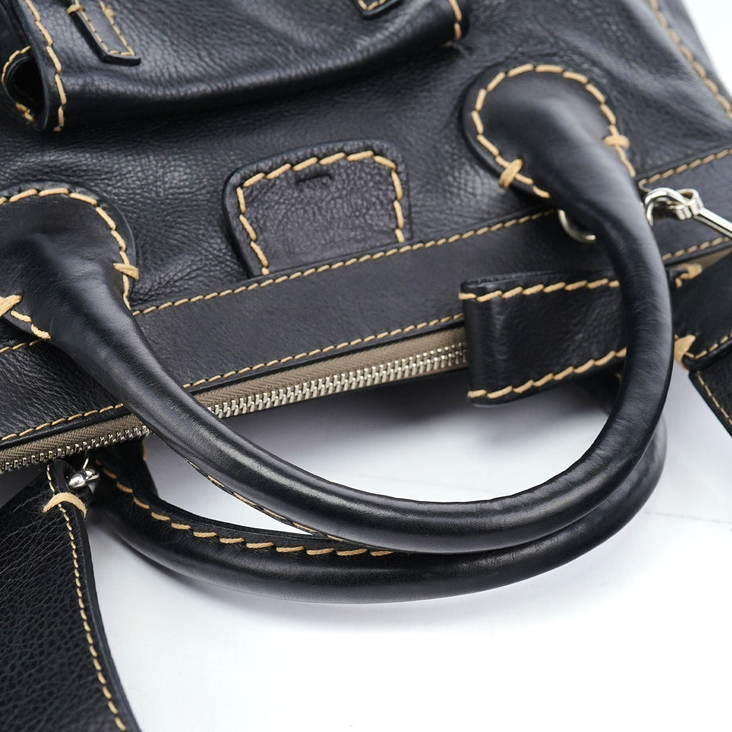 Black Leather Edith 2-Way Tote Bag