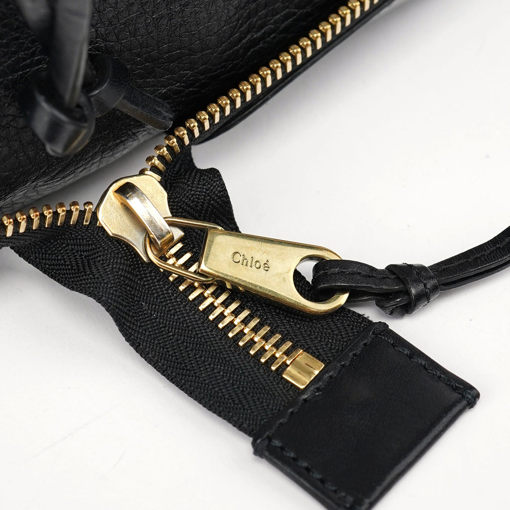 Black Leather Ellen Zippered Tote Bag