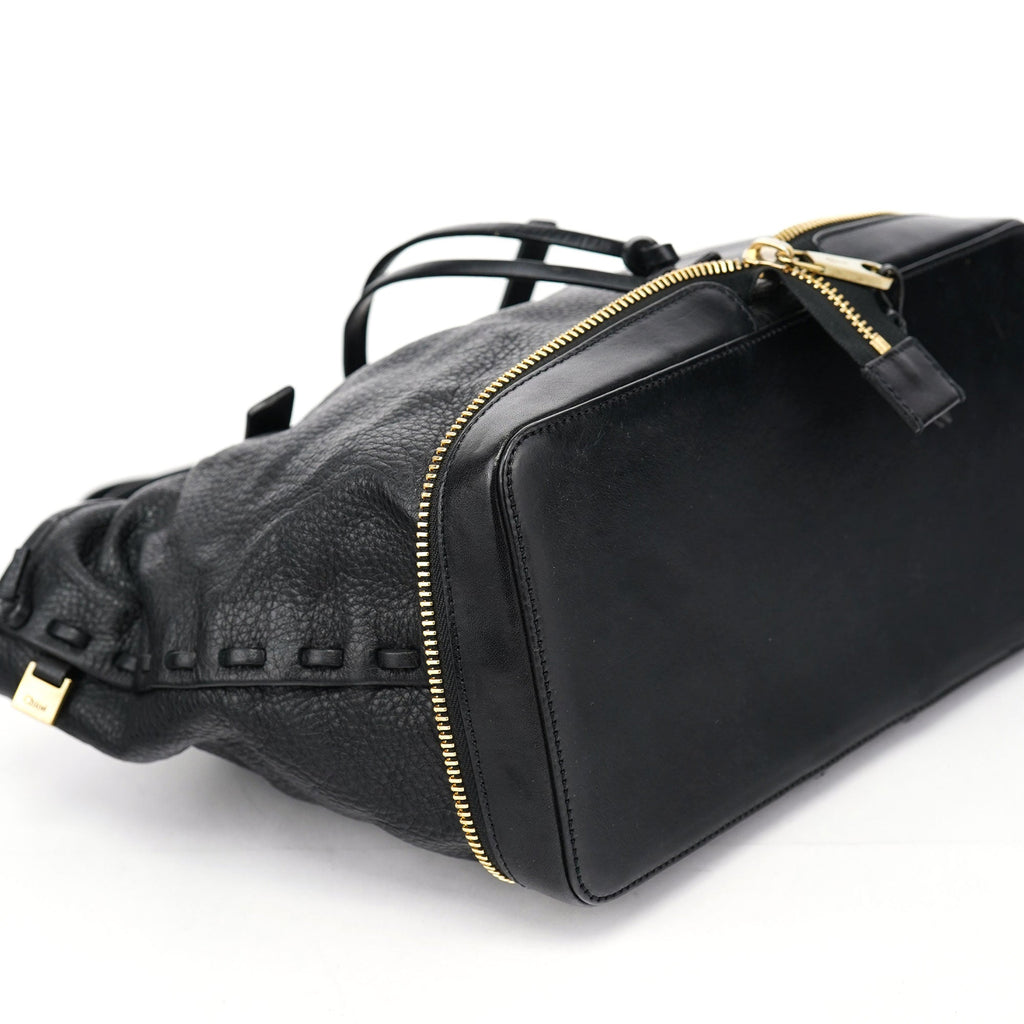 Black Leather Ellen Zippered Tote Bag