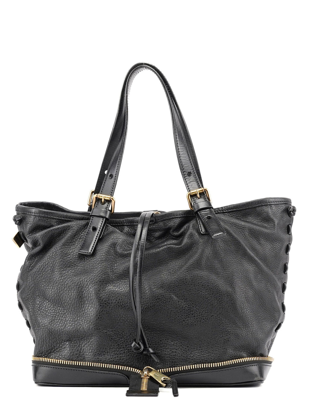 Black Leather Ellen Zippered Tote Bag