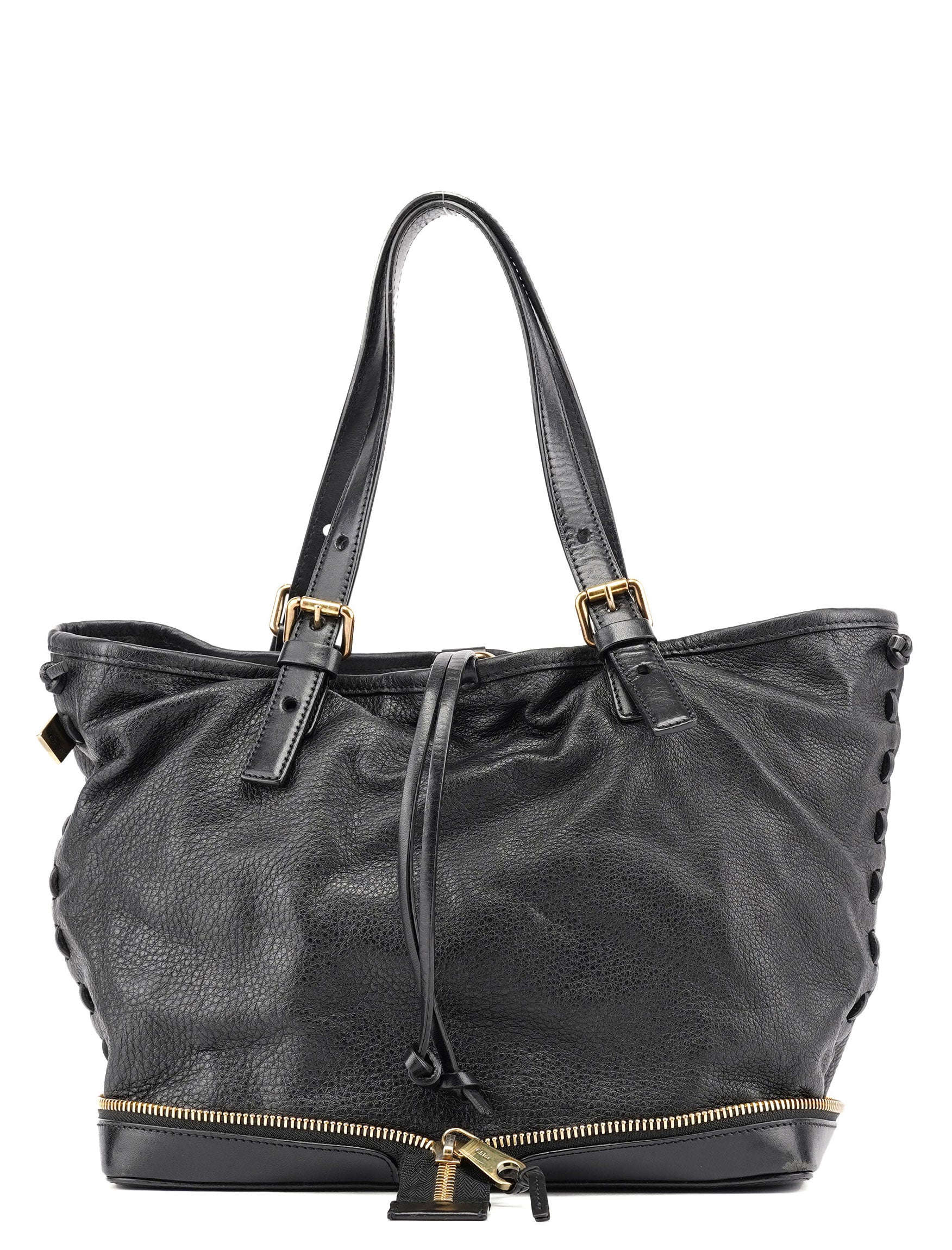 Black Leather Ellen Zippered Tote Bag