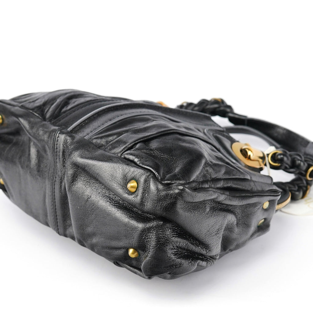 Black Leather Knotted Tote Bag