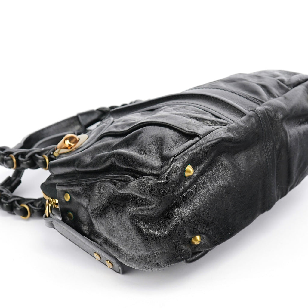 Black Leather Knotted Tote Bag