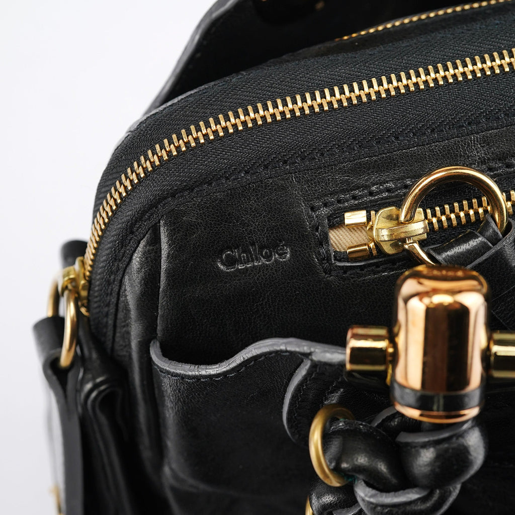 Black Leather Knotted Tote Bag