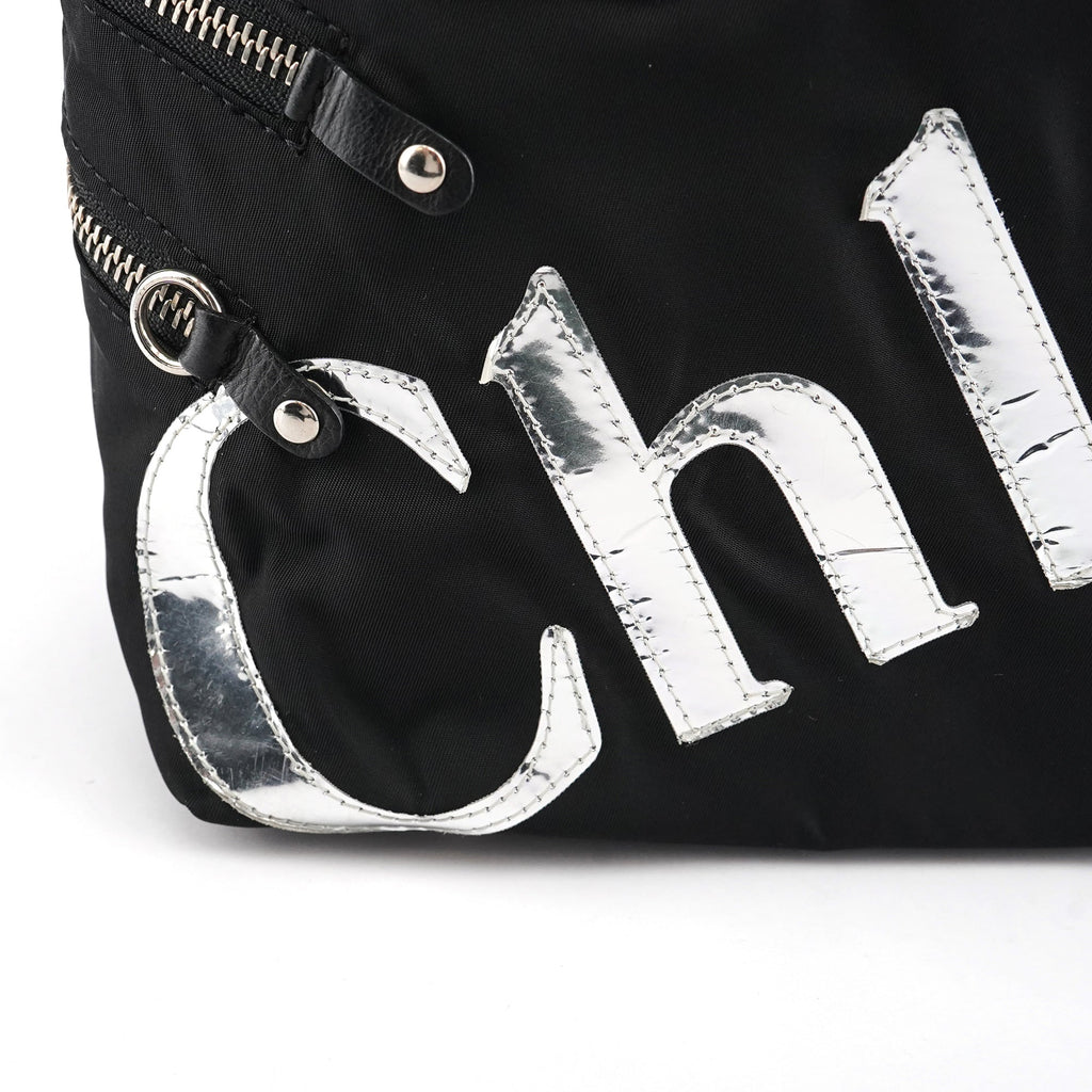 Black Nylon Silver Logo Tote Bag