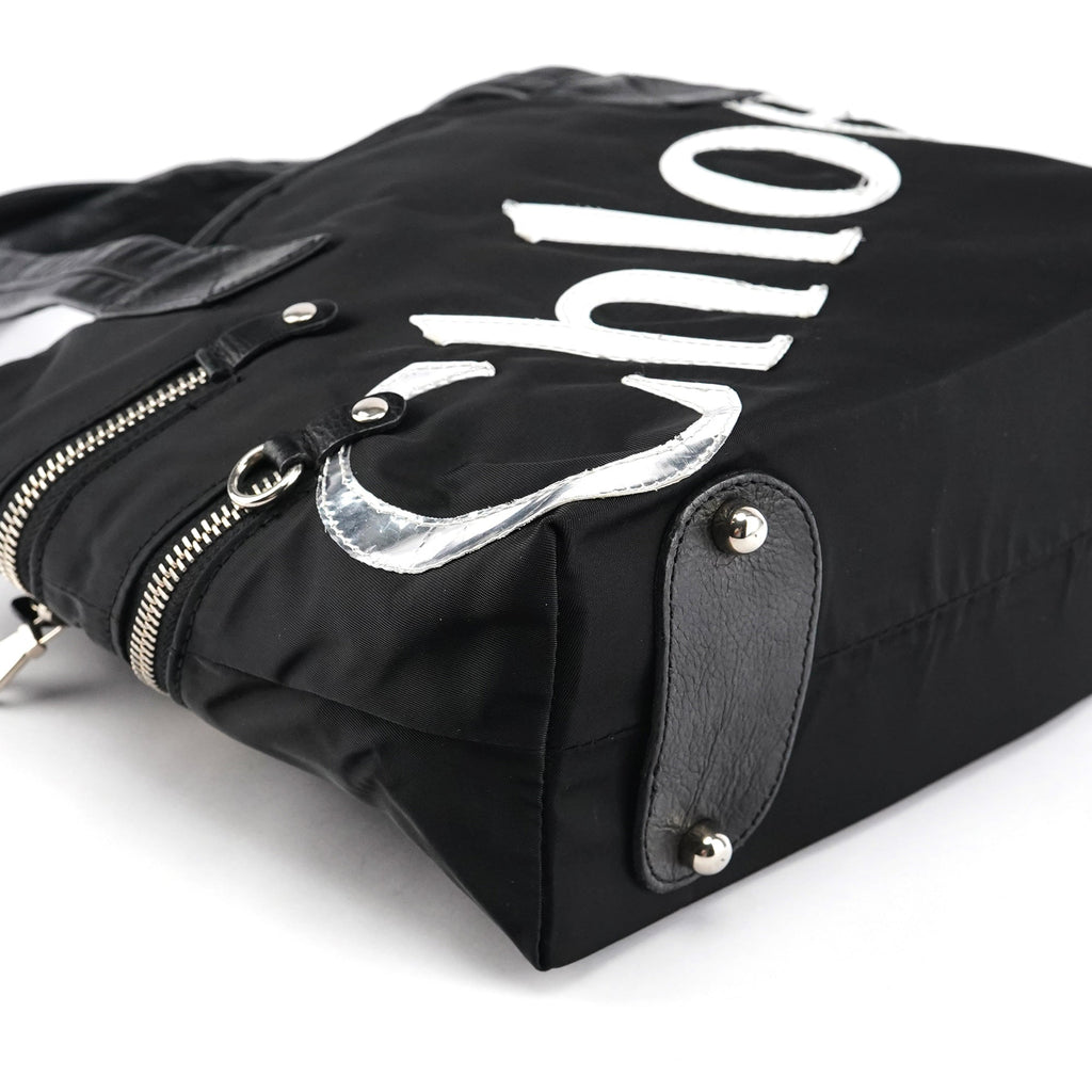 Black Nylon Silver Logo Tote Bag