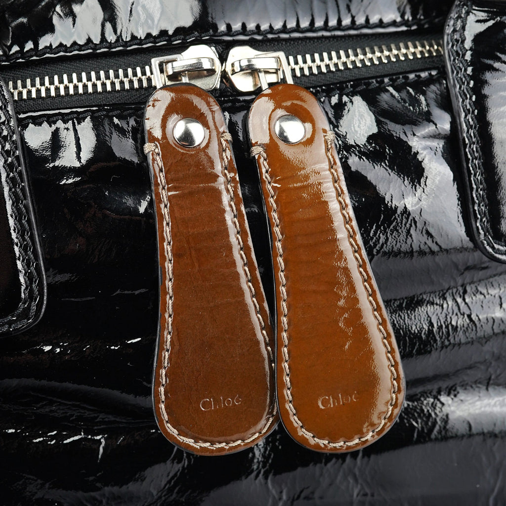 Black Patent Leather Bay Tote Bag