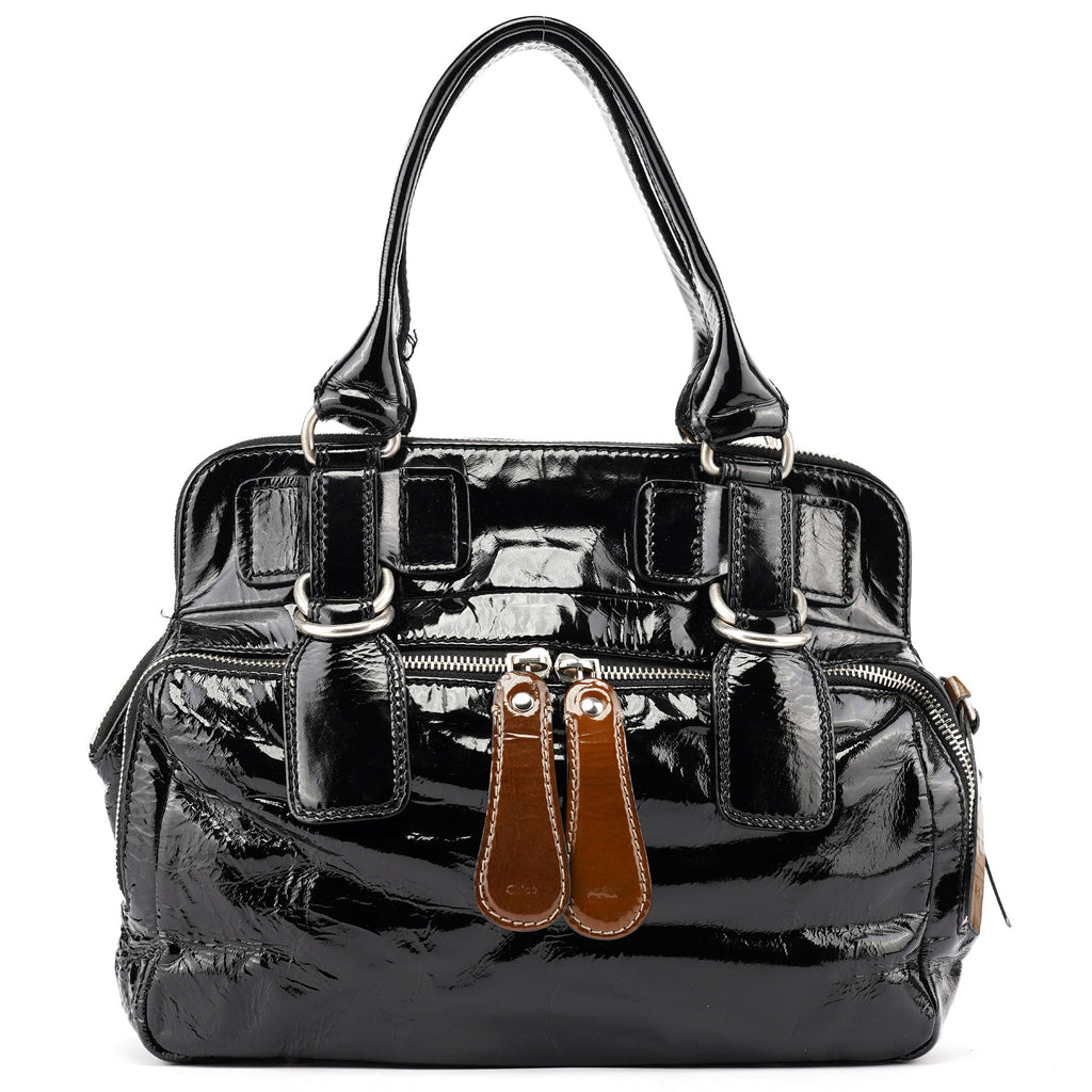Black Patent Leather Bay Tote Bag